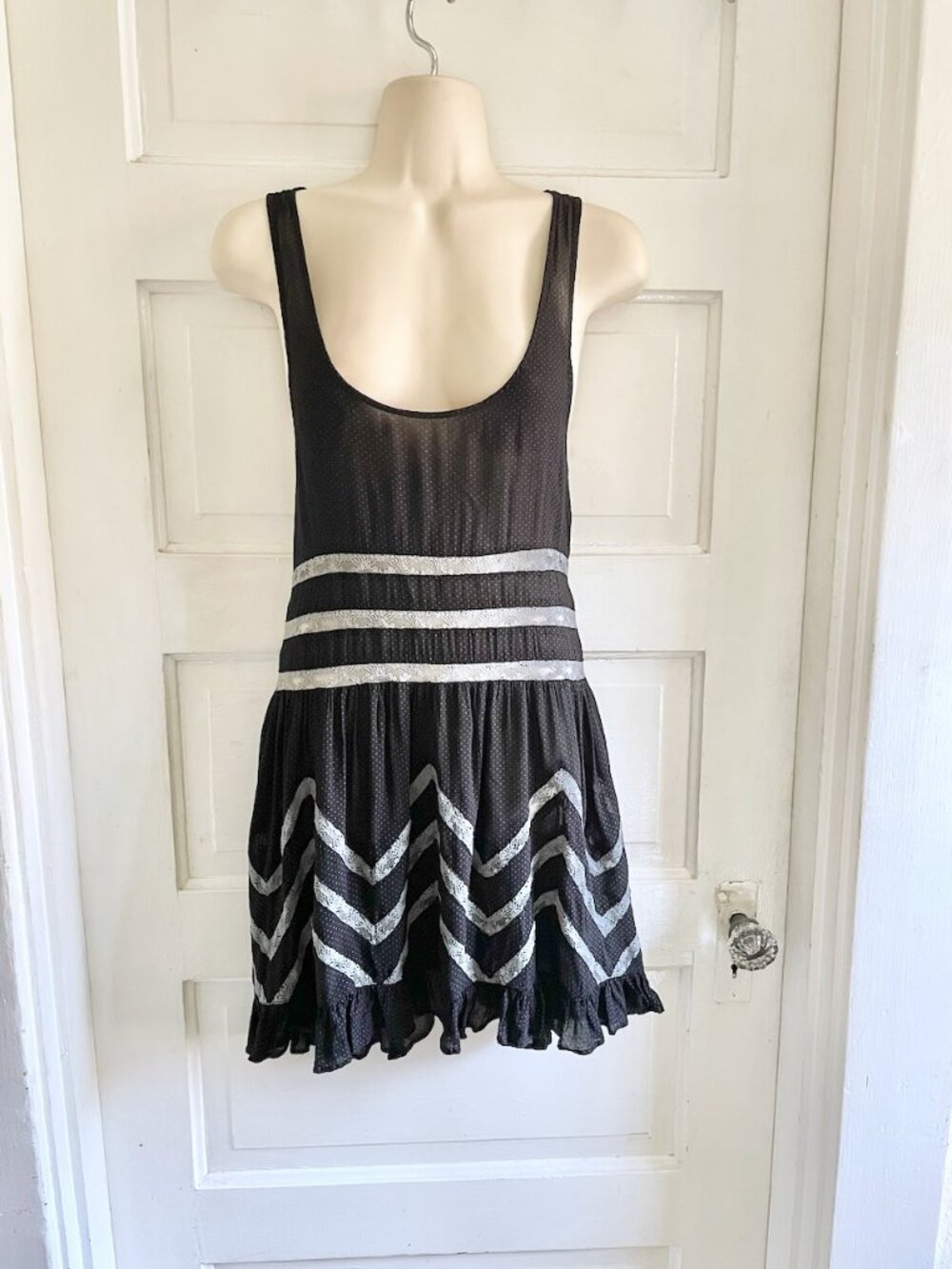 Intimately Free People Black & Gray Dot Voile & Lace Trapeze Dress SP "Runs L